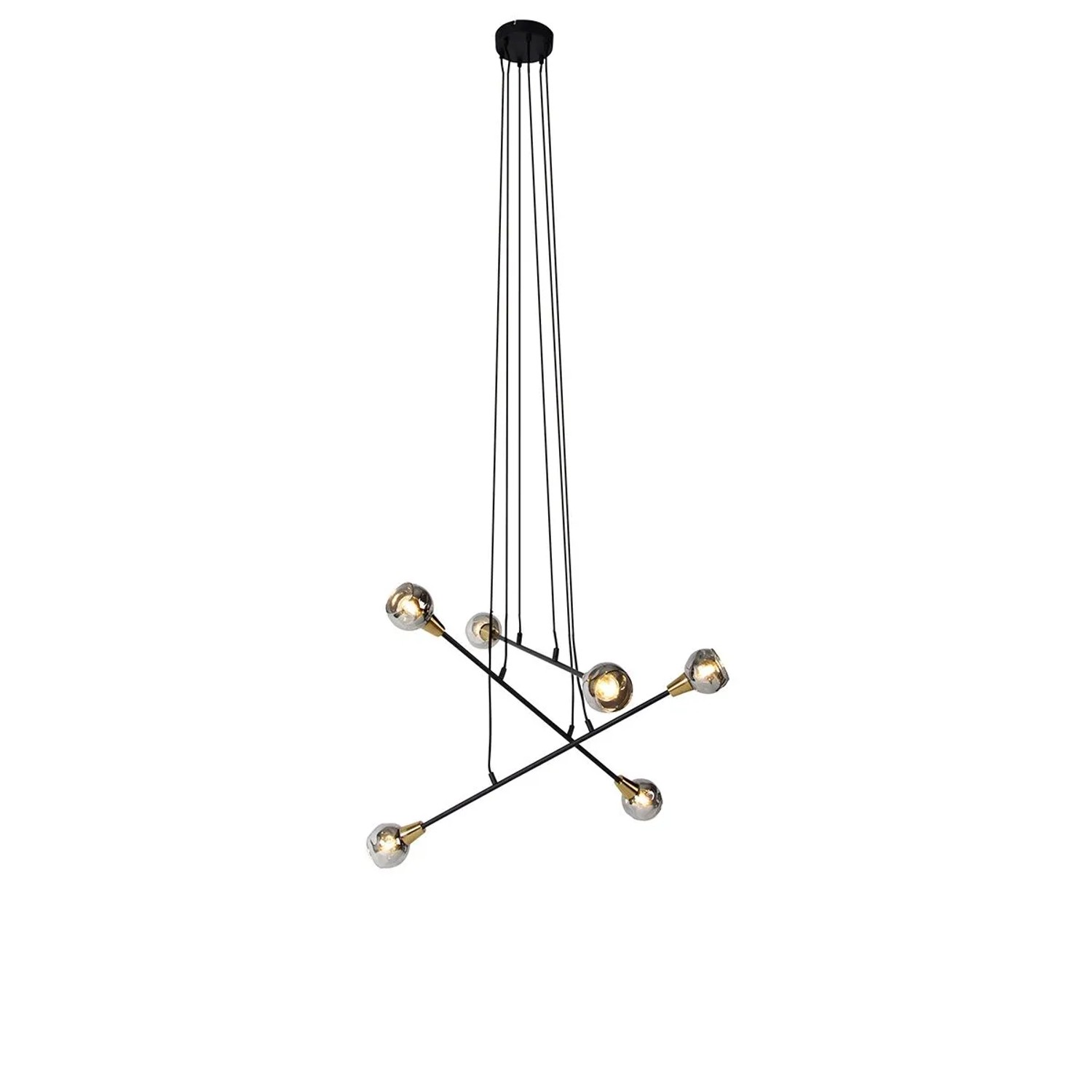 QAZQA Hängelampe Schwarz mit Messing und Rauchglas 6 Lichter Vidro