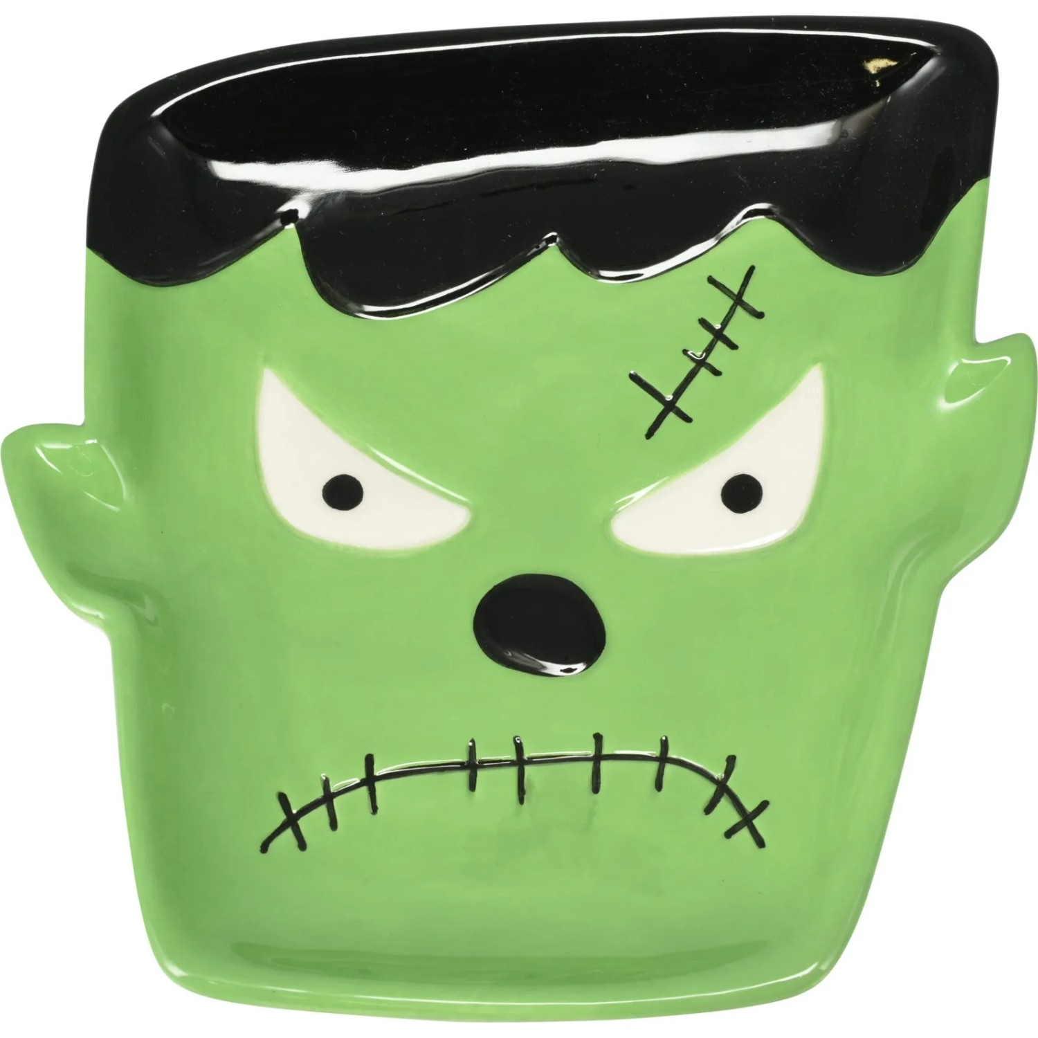 Grüner Halloween Teller aus Dolomit im Frankenstein Design, 16 cm.