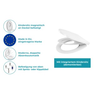 Calmwaters WC-Sitz Familie Weiß mit integriertem Kindersitz und Absenkautomatik.