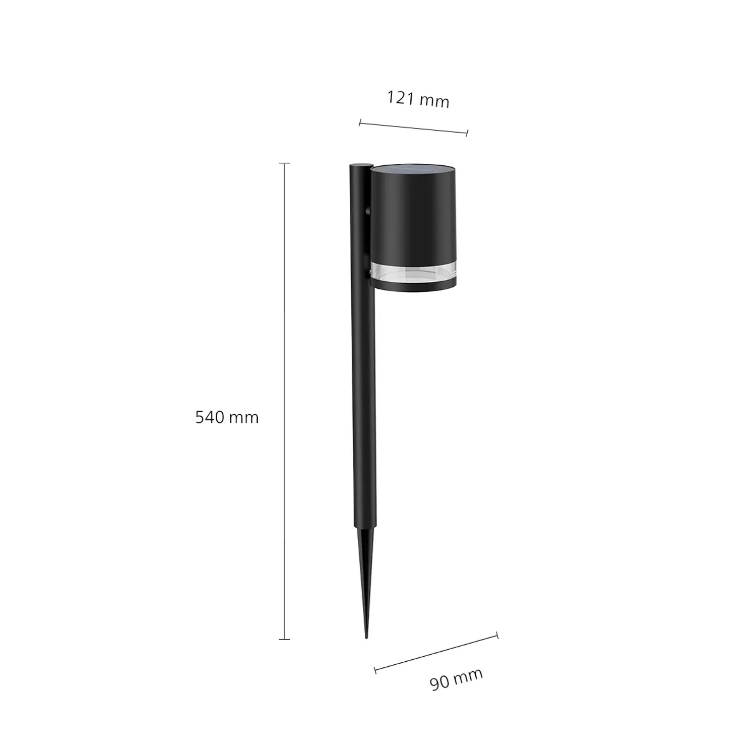 Schwarze Philips Solar-Wegeleuchte mit Erdspieß und Tageslichtsensor, Maße eingezeichnet.