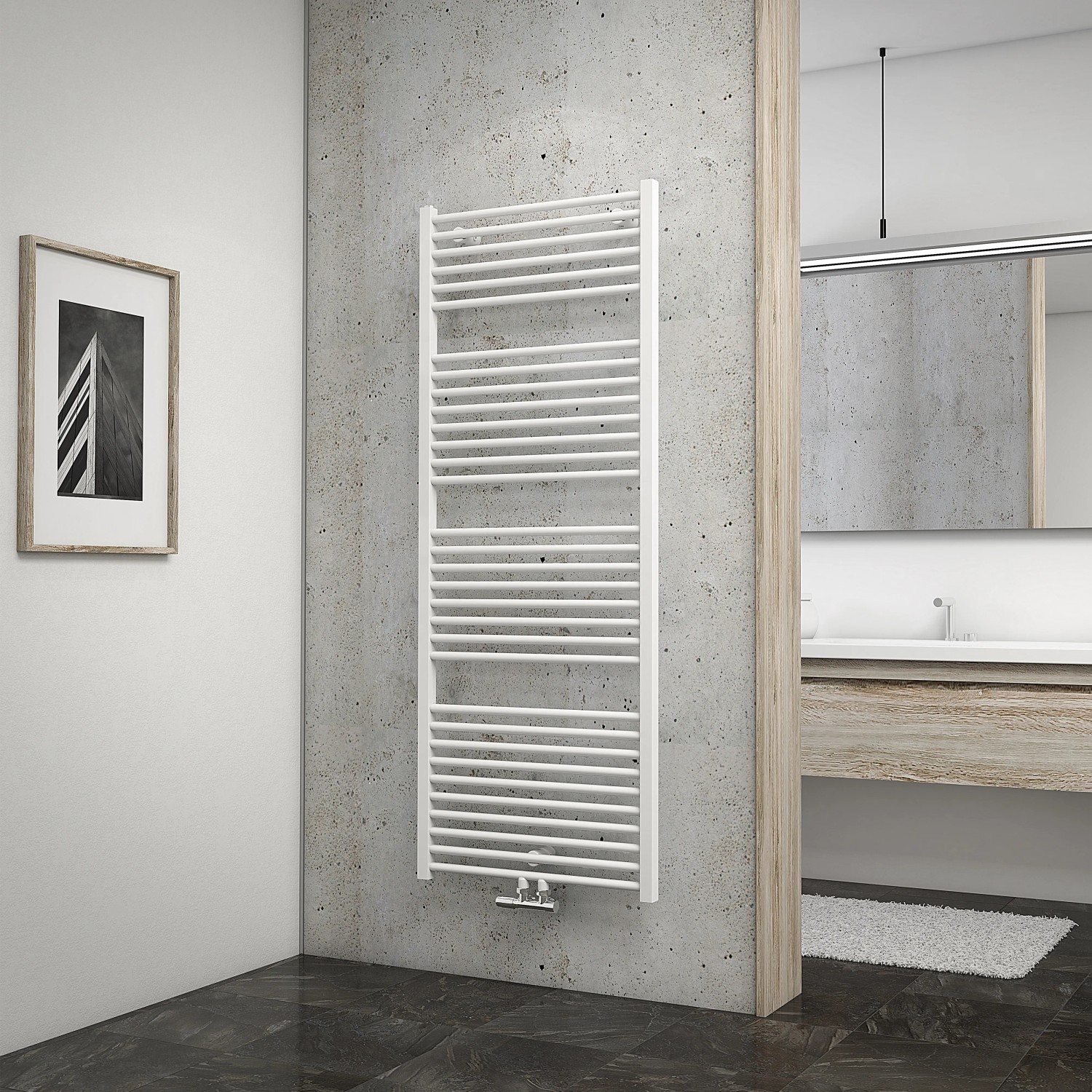 Schulter Design-Heizkörper Turbo III, 886 W, Alpinweiß mit Mittenanschluss im Badezimmer.
