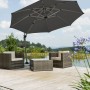Anthrazit Schneider Ampelschirm Rhodos Ø 350 cm mit Kurbel über Lounge-Set auf Terrasse.