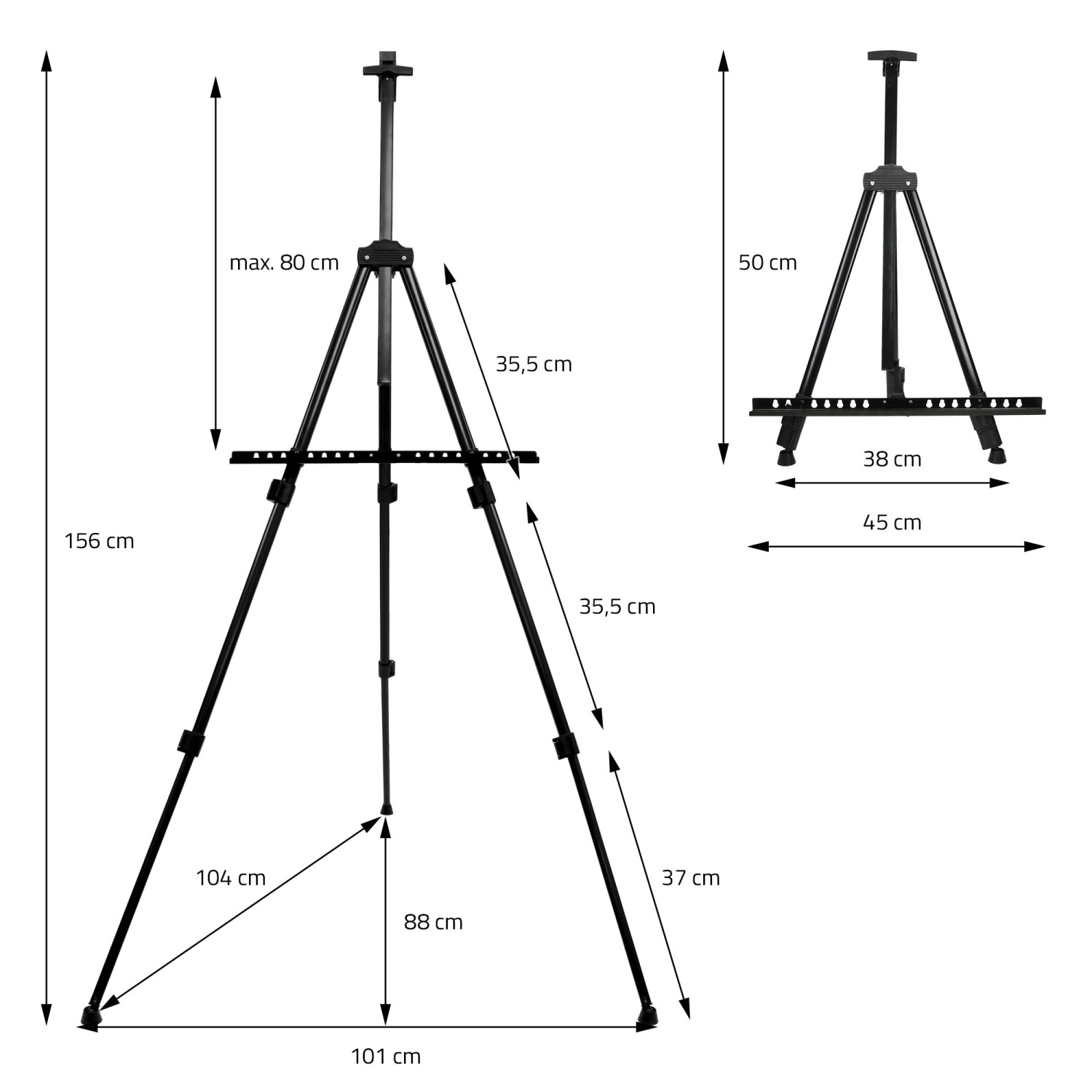 Schwarze ECD Germany Staffelei, ausziehbar bis 156cm, Teil des 140-tlg. Malsets.