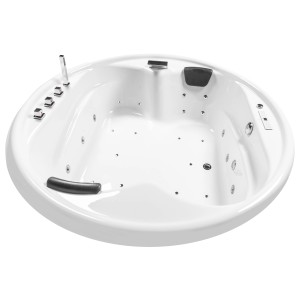 Runde, weiße Basera® Indoor Podest-Whirlpool Badewanne Gomera mit Düsen und Kopfstützen.