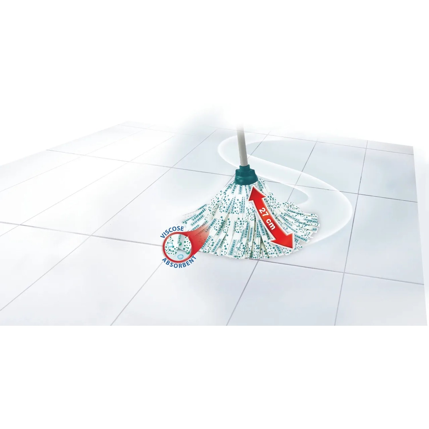 Leifheit Wischmop Classic Ersatzkopf Viskose auf Fliesenboden. Der Wischkopf ist weiß mit grünen Akzenten.