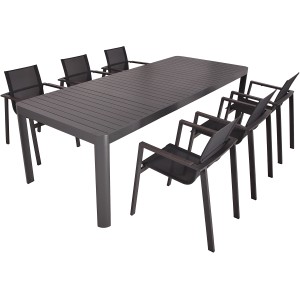 Anthrazitfarbenes 7-teiliges Gartenmöbel-Set Amira von Garden Pleasure mit Tisch und Stühlen.