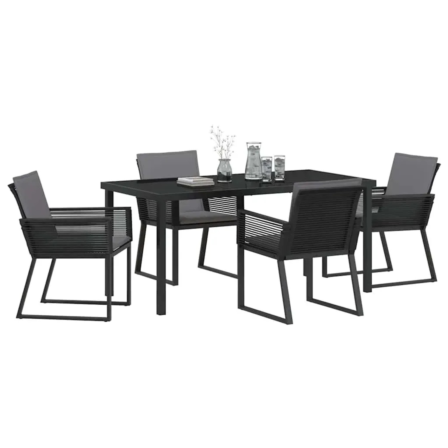 Schwarze 5-teilige Garten Essgruppe aus Poly Rattan von vidaXL. Gartentisch mit 4 Stühlen.