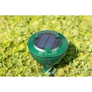 Windhager Solar-Wühlmausgerät Mole Stop Plus im Rasen. Grüne Wühlmausfalle mit Solarpanel zur Vertreibung von Wühlmäusen.