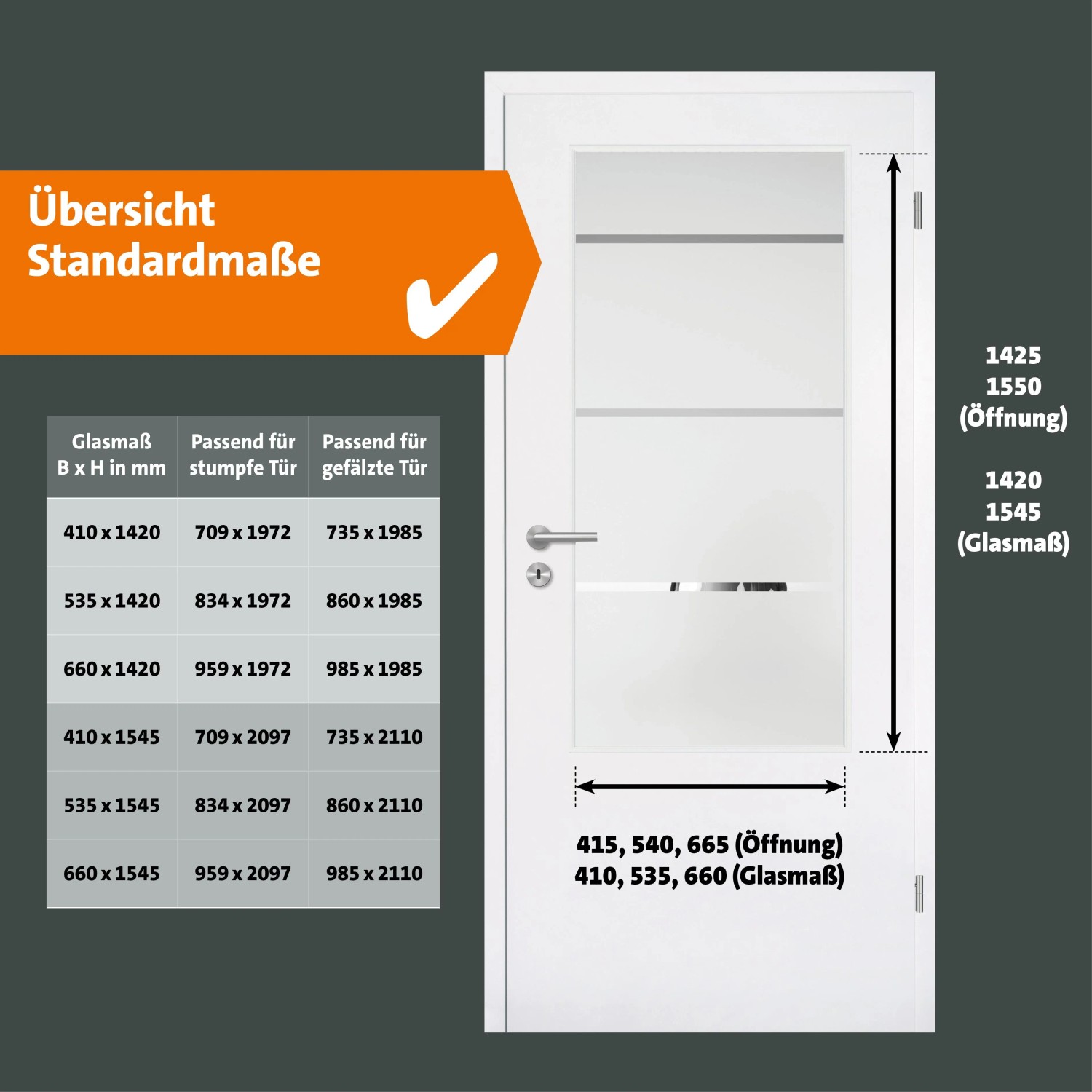 Detailaufnahme: Lichtausschnitt ESG Floatglas 3 Streifen in Holztür, Maße und Übersicht Standardmaße.