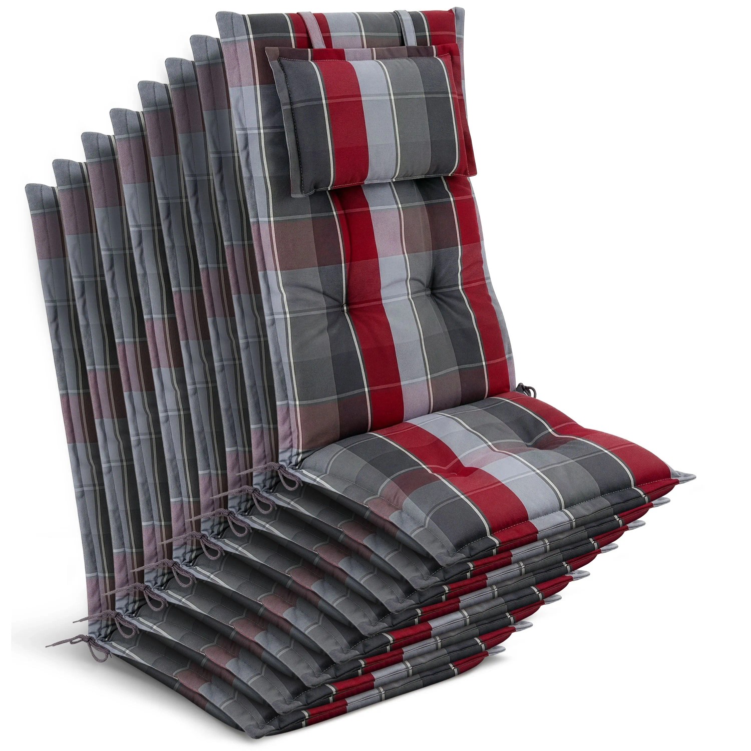 Beautissu 8x Gartenstuhlauflage Hochlehner 120x50x7cm Grau-Rot-Hellblau-Kariert