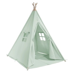 Pastellgrünes Sunny Tipi Zelt Alba mit Faltkissen, 120x120x160 cm, für Kinder zum Spielen.