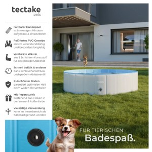 Runder, faltbarer Tectake Hundepool Nele, 120x30 cm, grau-blau, mit Hund im Garten.