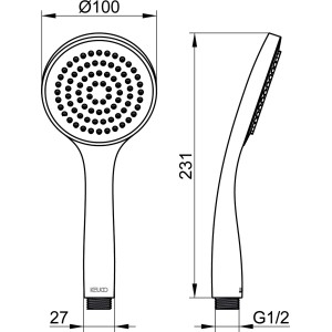 Technische Zeichnung: Keuco IXMO Solo Handbrause 59580, Chrom, Maße und Anschlüsse.