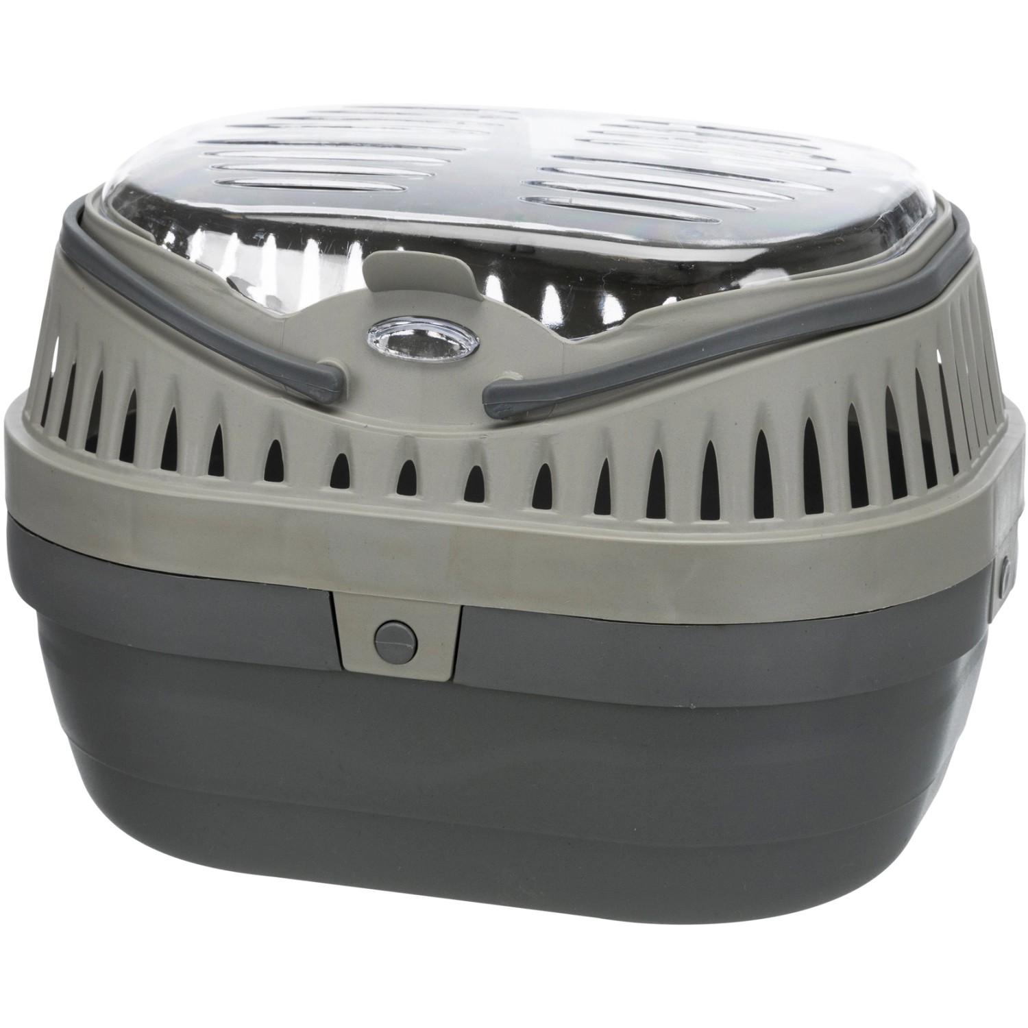 Graue Trixie Transportbox Pico für Kleintiere, 23x16x17cm, mit transparentem Deckel.