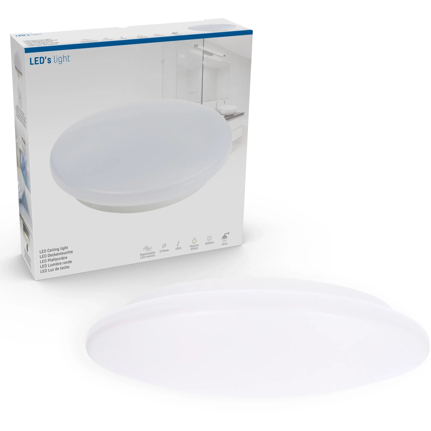 Weiße LED-Deckenleuchte, 18W, 37cm Durchmesser, für Bad und andere Innenräume.