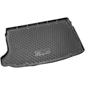 Schwarze Gummi Kofferraumwanne für VW T-Cross ab 2018 mit Riffelstruktur und hohem Rand.