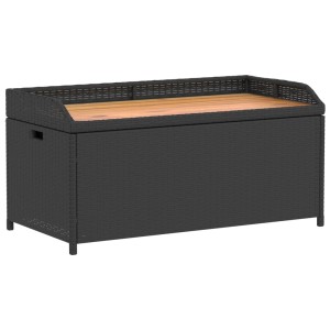 Schwarze furnicato Gartenbank mit Stauraum aus Poly Rattan und Akazienholz, 100x50x52 cm.