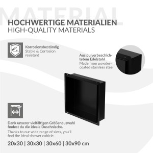 Schwarze LuxeBath Wandnische aus Edelstahl, 30x30x10 cm, für Dusche & Bad.