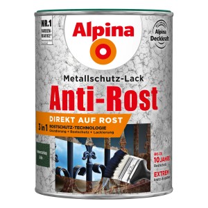 Dose Alpina Metallschutz-Lack Anti-Rost Grün Hammerschlag, 2,5 Liter. 3in1: Grundierung, Rostschutz, Lackierung.