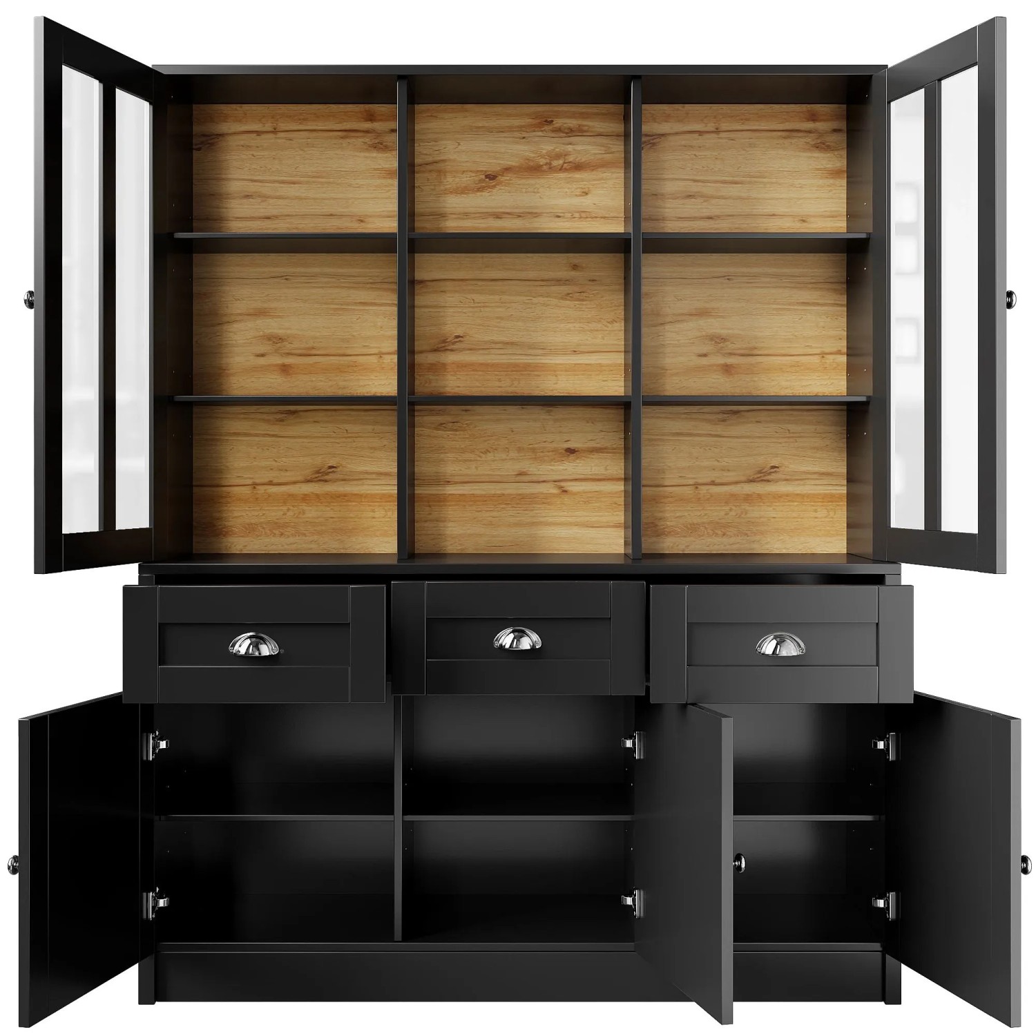 Merax Hochschrank 140x38,5x175 cm Schwarz Vitrine Schubladen Minimalistisch