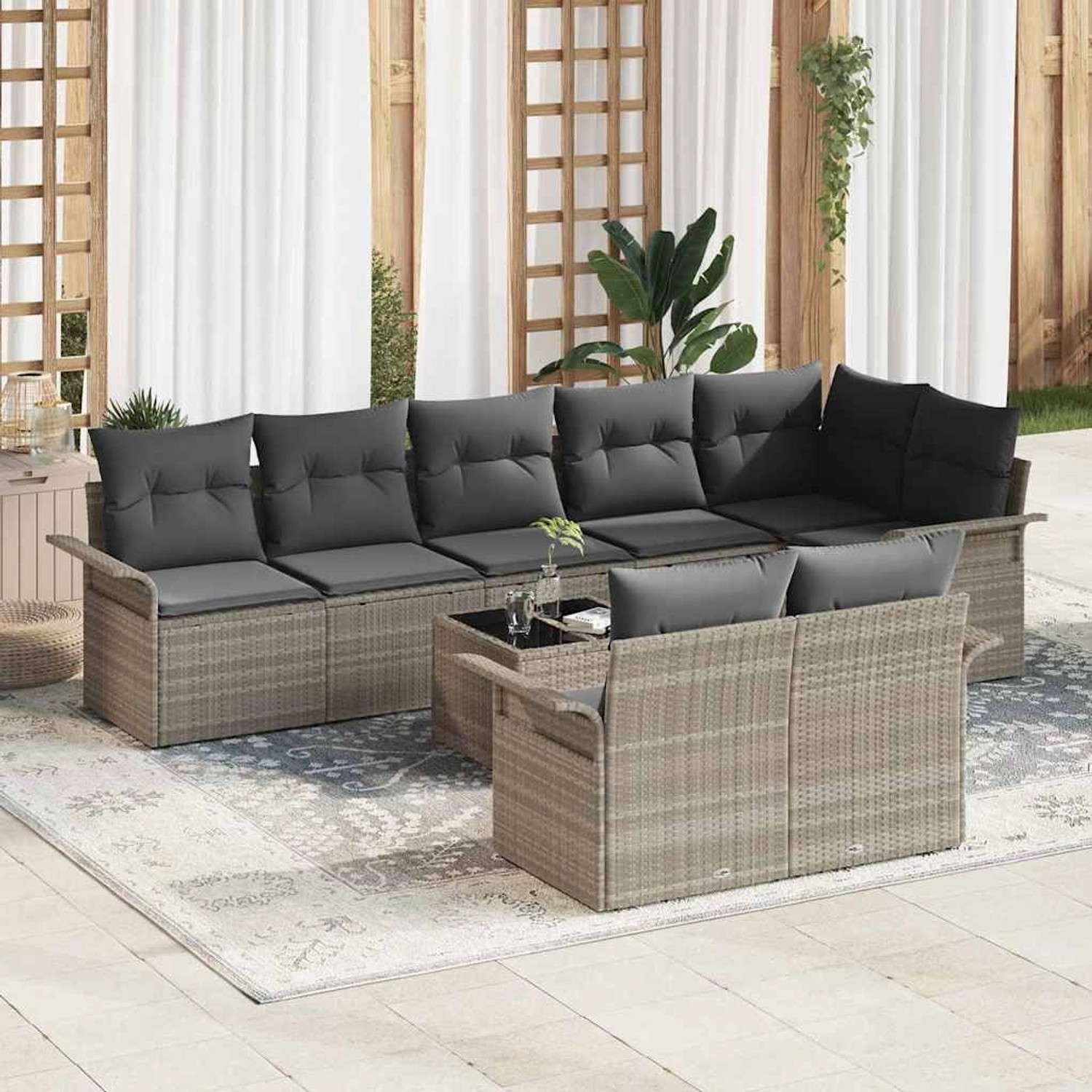 Graues 9-teiliges Gartensofa-Set aus Poly Rattan mit Kissen. Gartenmöbel für bis zu 8 Personen.