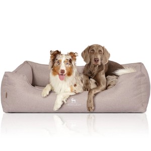 Beiges Knuffelwuff Hundebett Luisa, orthopädisch, mit zwei Hunden im XL Format 105x75cm.