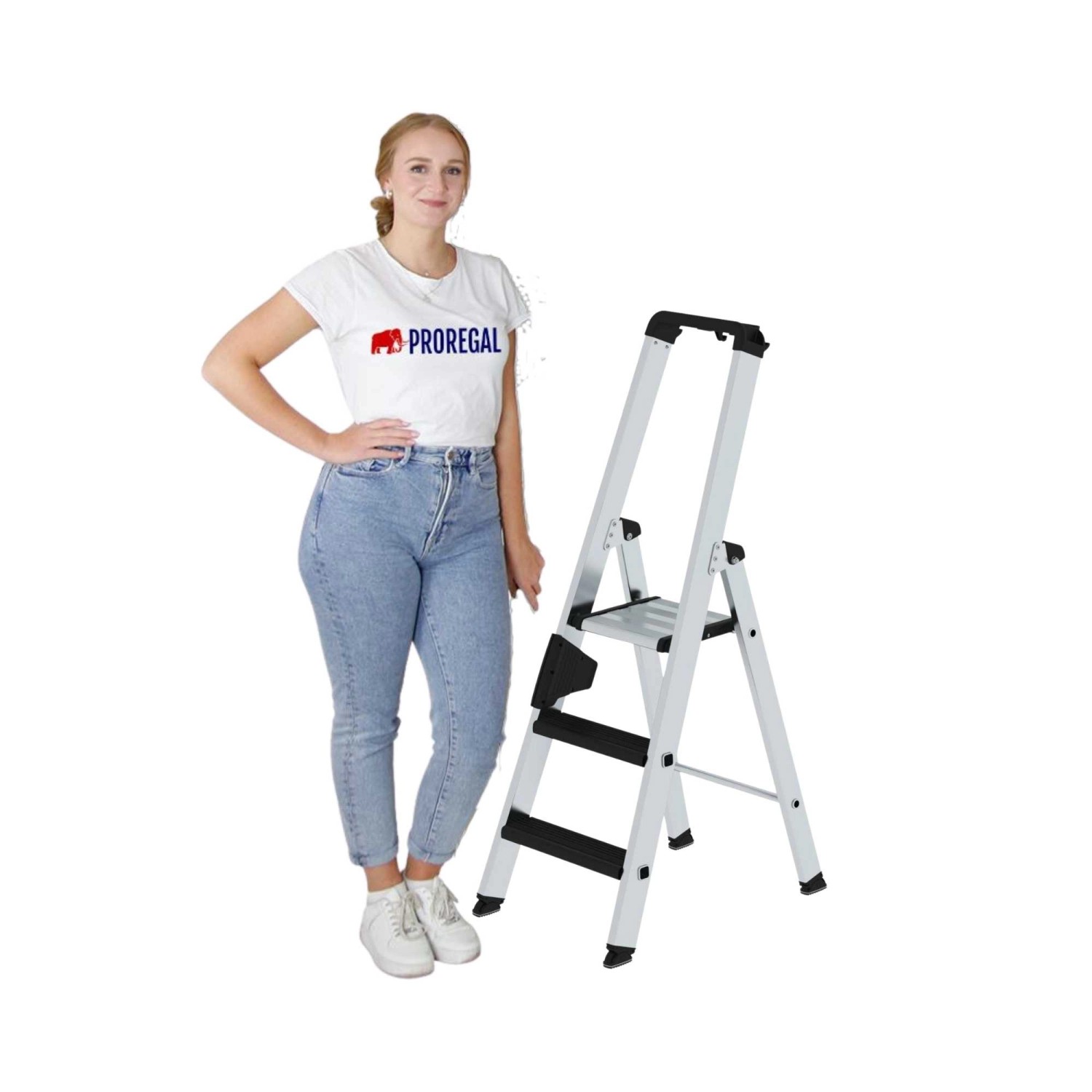 PROREGAL Stufen-Stehleiter mit 3 Stufen und Clip-Step Relax Trittauflagen.
