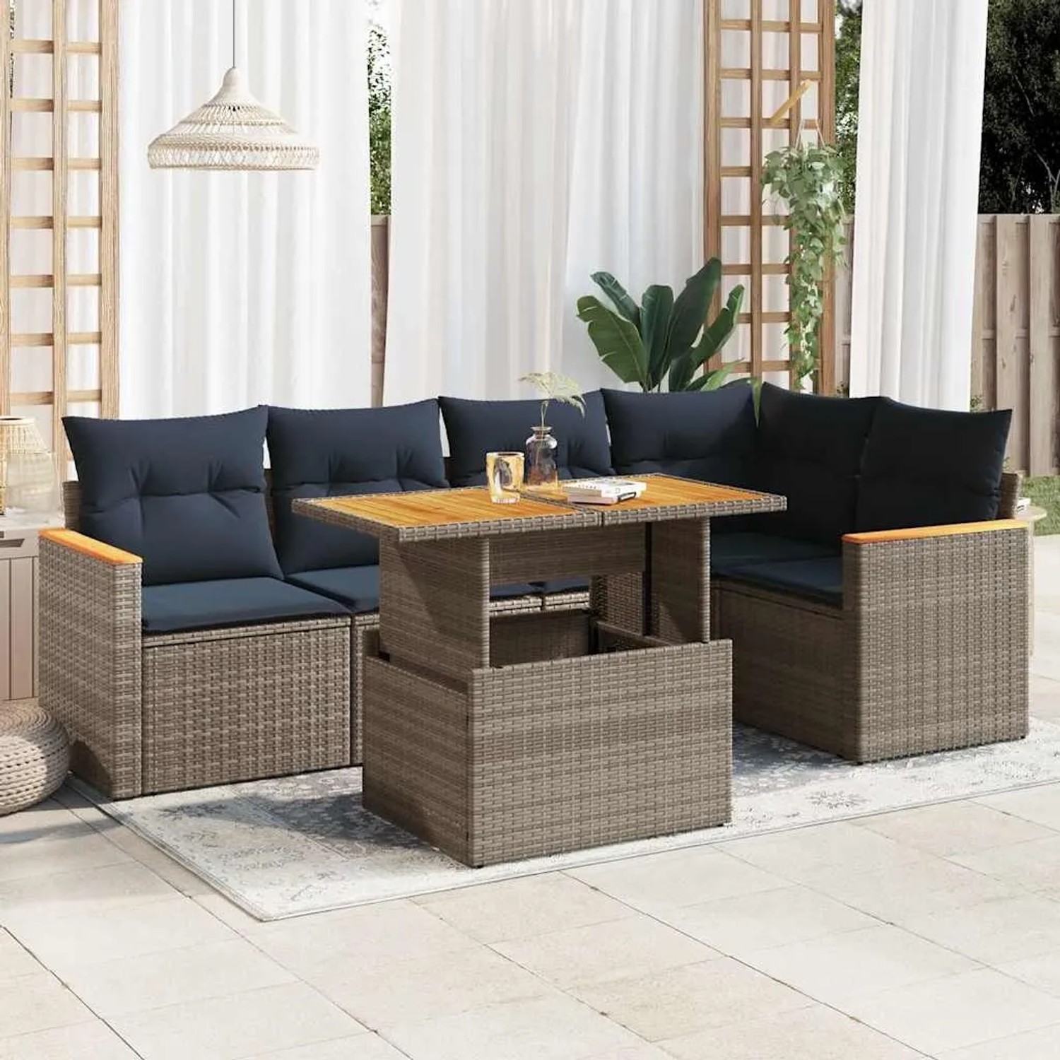 Graue 6-tlg. vidaXL Garten-Sofagarnitur aus Rattan mit marineblauen Kissen und höhenverstellbarem Tisch.