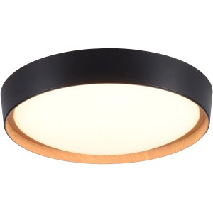 Moderne, schwarze LED-Deckenleuchte Emilia, Ø 40 cm, mit Holzoptik innen.