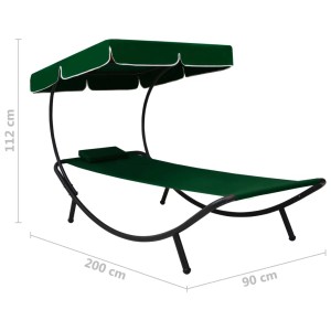 Grüne Gartenliege mit Sonnendach und Kissen für Garten, Terrasse oder Strand.