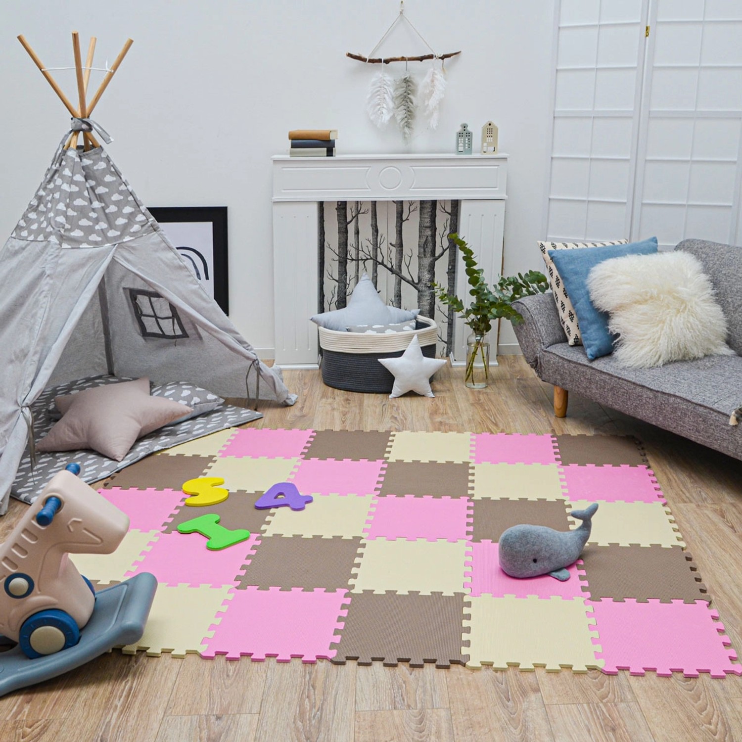 LittleTom Puzzlematte, 27 Teile in Beige, Braun, Pink. Weiche Spielmatte für Babys und Kinder.