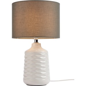 Brilliant Tischleuchte Ilysa in Weiß-Grau mit Textilschirm und Keramikfuß.