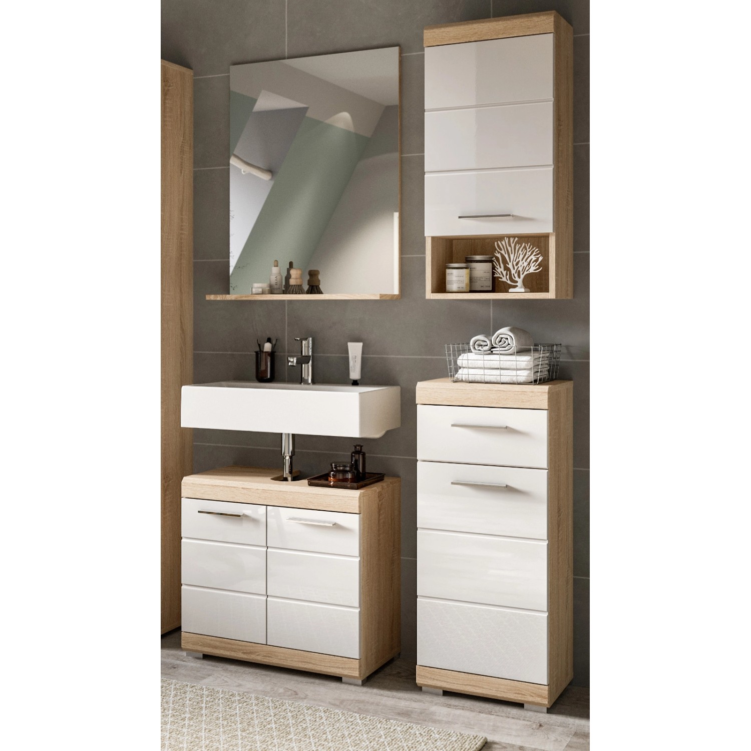 Inn.Furn Badmöbel Set 4-teilig in Weiß Hochglanz und Eiche 112 cm Mambo günstig online kaufen