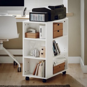 Weißer SoBuy Druckertisch Rollcontainer FBT68-W mit drei Fächern und Rollen im Arbeitszimmer.