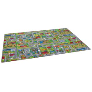 Grau-grüner Kinder Straßenteppich 200x200cm mit Stadtmotiv für fantasievolles Spielen.