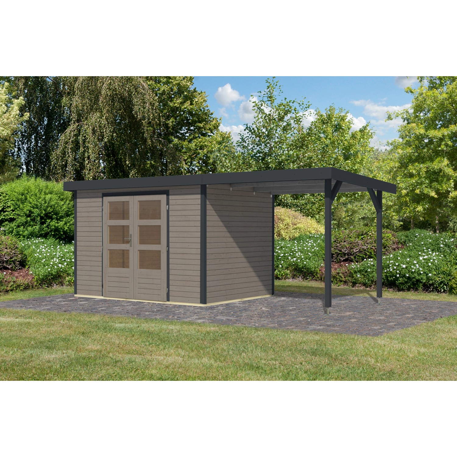 Karibu Gartenhaus Ernesto 4 D Anbaudach Wassergrau/Anthrazit 209 x 298 x 21 günstig online kaufen