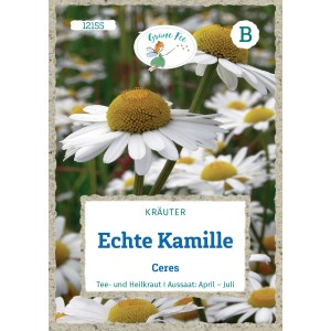 Grüne Fee Echte Kamille Saatgut: Packung mit Kamillenblüten, Heilkraut für Tee und Garten.