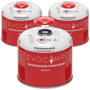 Evocamp Gaskartuschen 3er-Pack, 300g Butan/Propan Gemisch mit Schraubventil für Campingkocher und Gasgrills.