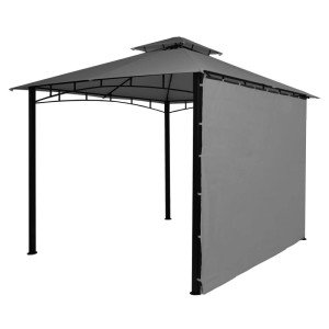 Graue Stahl-Pergola mit doppeltem Dach und beweglicher Seitenwand für Sonnenschutz und Terrassenüberdachung.