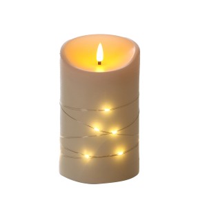 Cremefarbene FlowerPower LED-Echtwachskerze Corro Elephant, Ø 10 cm, mit Lichterdraht für den Außenbereich.