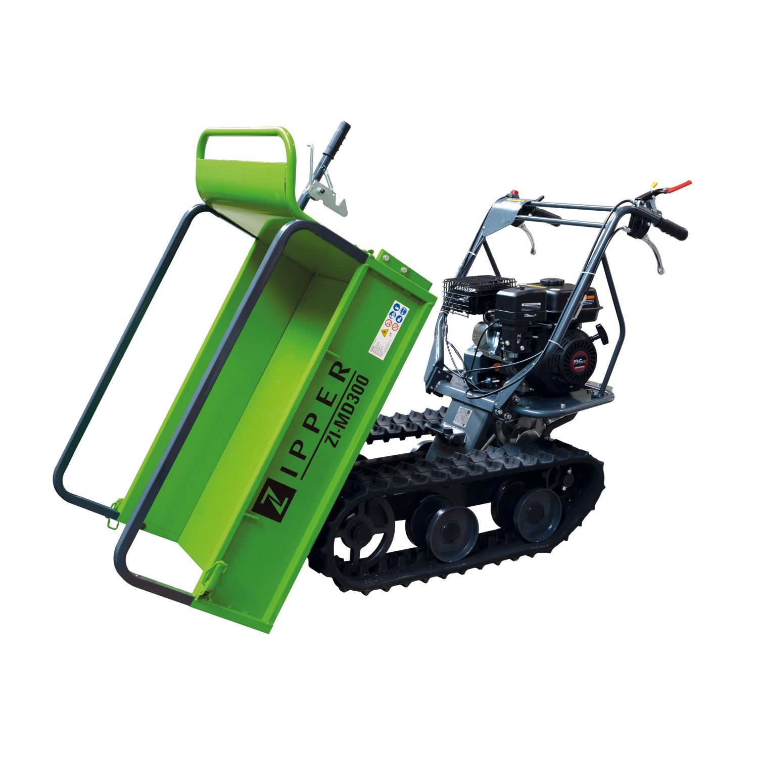Zipper Miniraupendumper ZI-MD300 mit Schneeschild, grüne Mulde gekippt, Baumaschine für Schüttgut bis 300kg.