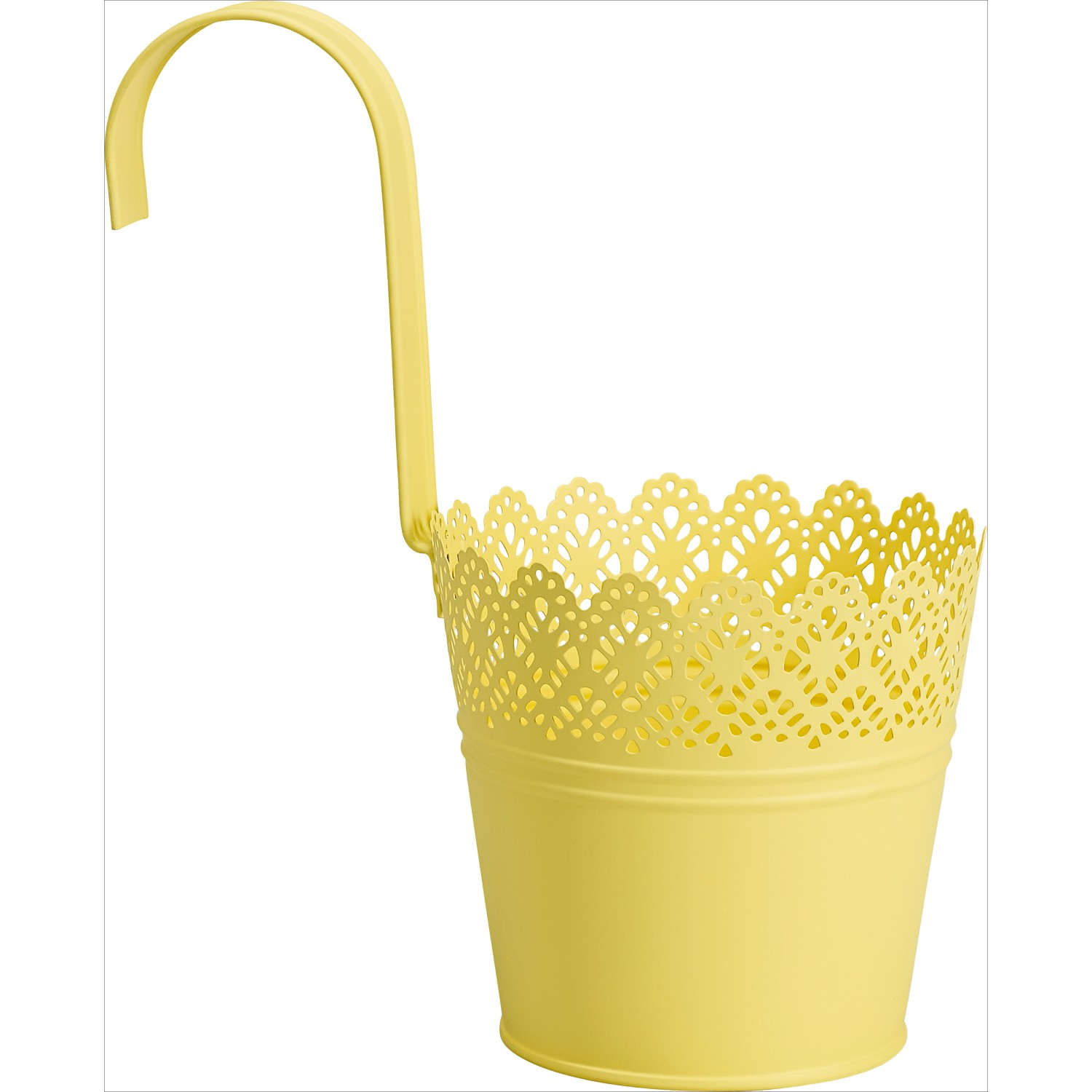 Gelber Hänge-Übertopf aus Metall mit Lochmuster für Balkon oder Terrasse.
