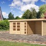 Karibu Holz-Gartenhaus Sölve, unbehandelt mit Flachdach und Anbau.