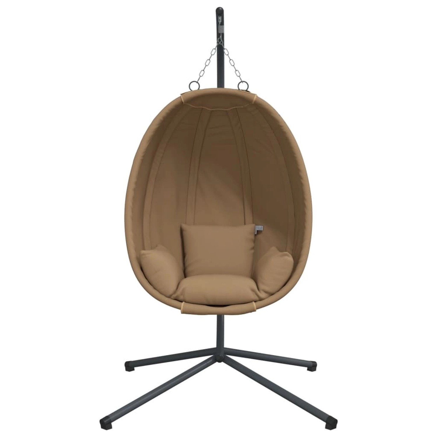 Hängesessel Ei-Design in Taupe mit Stahlgestell. Bequeme Hollywoodschaukel für entspannte Stunden.