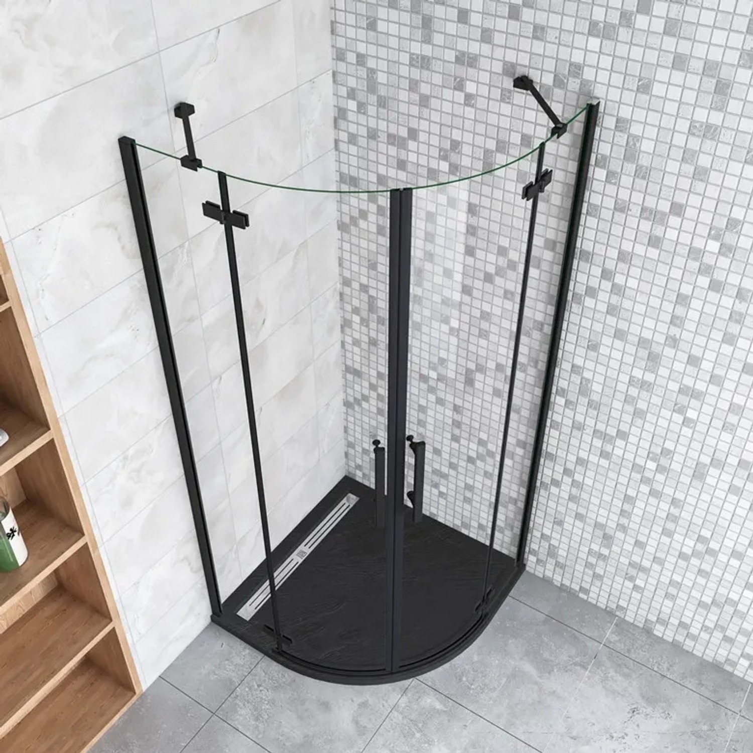 Runddusche Duschkabine 90x90cm mit schwarzem Rahmen und Klarglas