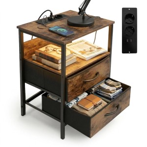 Relaxdays Beistelltisch MDF Eisen Vlies Vintagebraun LED USB-Anschluss Dimmbar 60 cm x 40 cm x 30 cm