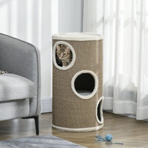 PawHut Katzenbaum Kratztonne mit 3 Ebenen und Höhlen, Katze schaut aus Öffnung.