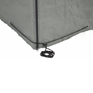 Graue Schutzhülle für Loungemöbel mit Reißverschluss und Kordelzug, Detailansicht.