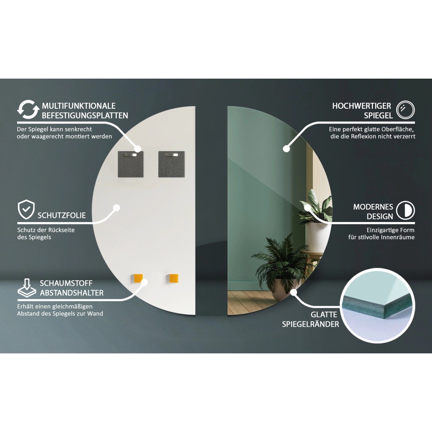 Tulup Spiegel Halbrunder Spiegel 40 cm x 80 cm Halbmondspiegel Badezimmerspiegel Halbkreisspiegel Design Wandspiegel_4