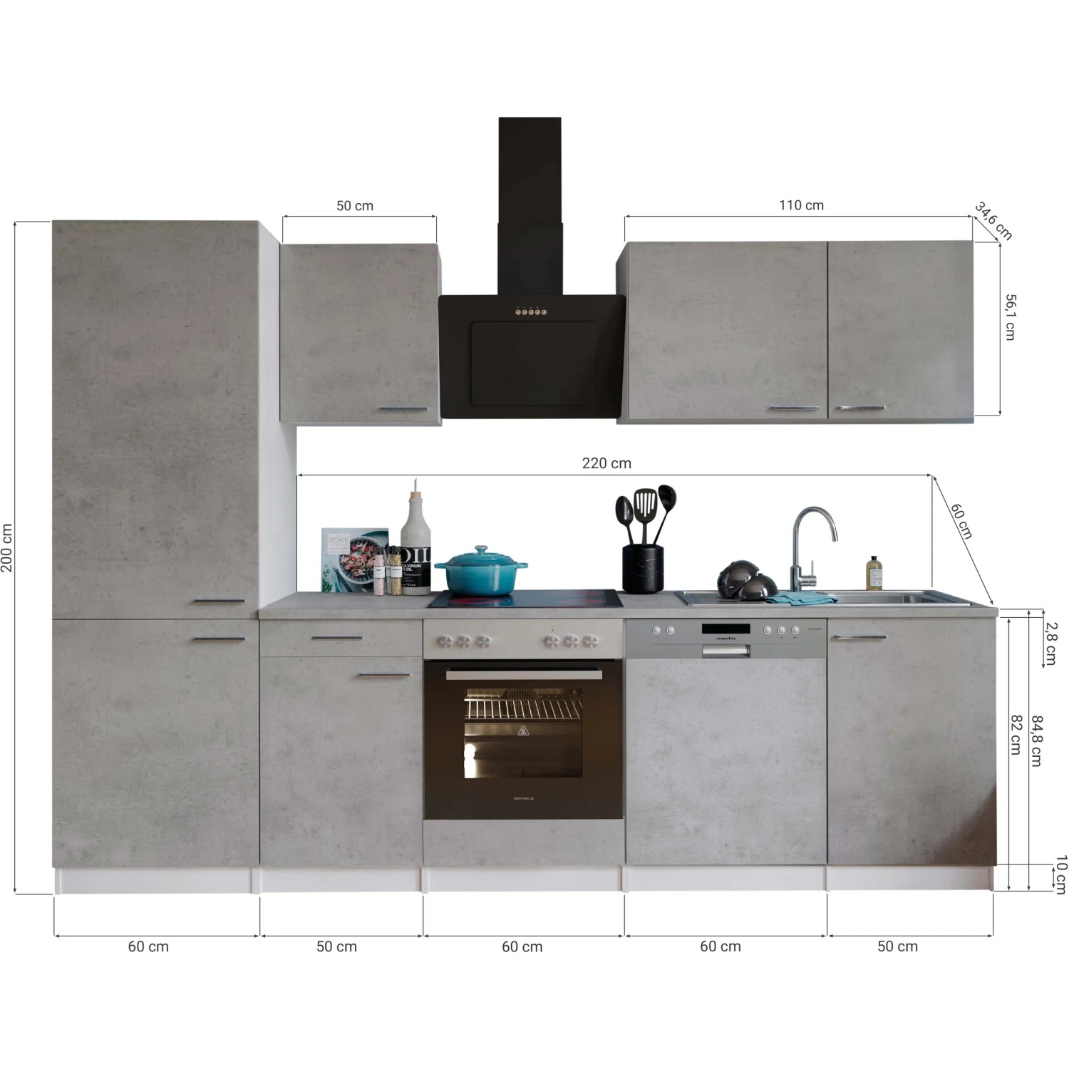 Respekta Küchenblock Malia 280 cm in Betonoptik mit E-Geräten.